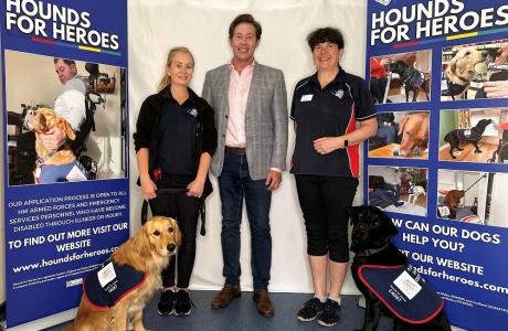 Cllr Atwell with two Hounds for Heroes dog trainers and two assistance dogs in training