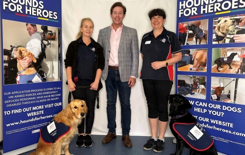 Cllr Atwell with two Hounds for Heroes dog trainers and two assistance dogs in training